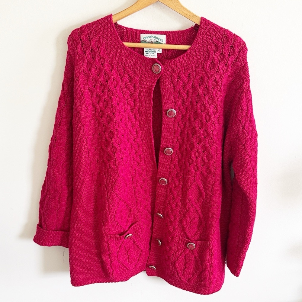 Aran crafts 100% Irish wool pink oversized chinky knit cardigan sweater size XL